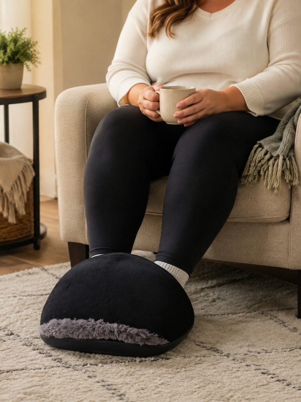 Black Plush Battery-Operated Foot Massager Slipper One Size